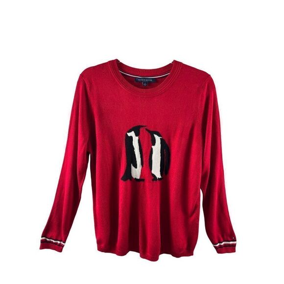 Tommy Hilfiger Penguin Novelty Print Lightweight Crew Neck Sweater Large Red - Picture 2 of 12
